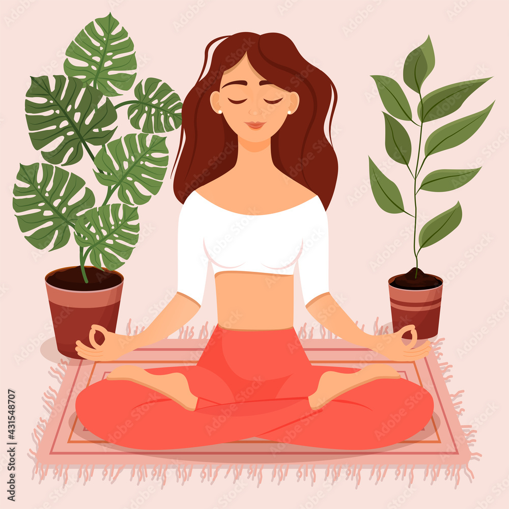 Young brunette girl sitting in lotus pose at home surrounded by plants. Vector illustration of a room with of the woman doing yoga, meditation, healthy lifestyle. Crossed legs. Interior with people. Young brunette girl sitting in lotus pose at home surrounded by plants. Vector illustration of a room with of the woman doing yoga, meditation, healthy lifestyle. Crossed legs. Interior with people.