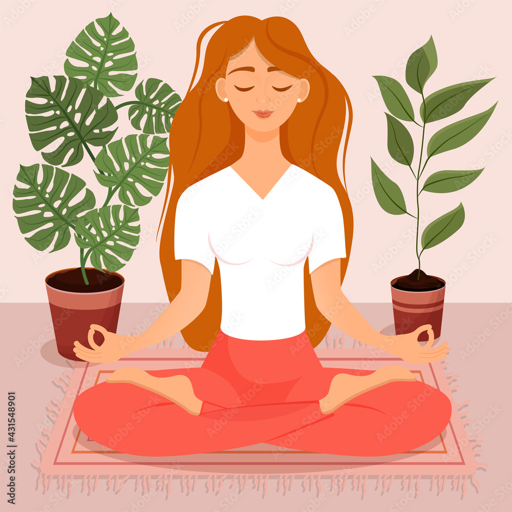Young red haired girl sitting in lotus pose at home surrounded by plants. Vector illustration of a room with of the woman doing yoga, meditation, healthy lifestyle. Crossed legs. Young red haired girl sitting in lotus pose at home surrounded by plants. Vector illustration of a room with of the woman doing yoga, meditation, healthy lifestyle. Crossed legs.