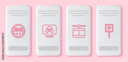 Set line Taxi car roof, Location with taxi, Cable and Parking. White rectangle button. Vector