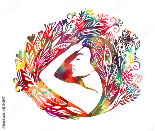 Profile of a multicolored and beautiful girl in flowers and leaves. Mixed media. Picturesque drawing. Vector illustration