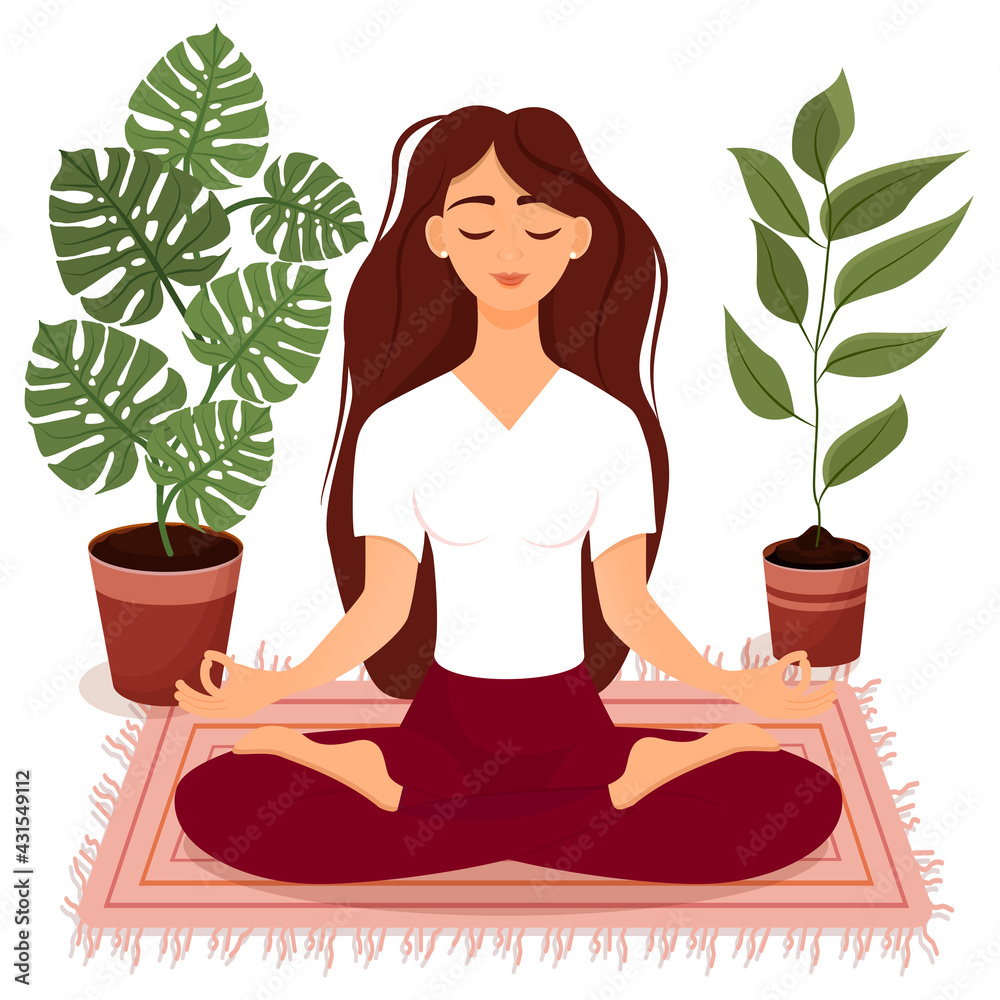 Young brunette girl sitting in lotus pose at home surrounded by plants. Vector illustration of a room with of the woman doing yoga, meditation, healthy lifestyle. Crossed legs. Interior with people. Young brunette girl sitting in lotus pose at home surrounded by plants. Vector illustration of a room with of the woman doing yoga, meditation, healthy lifestyle. Crossed legs. Interior with people.
