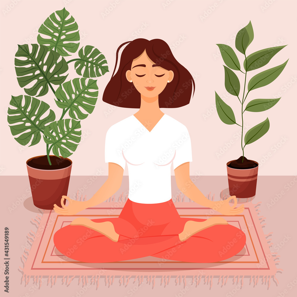Young brunette girl with bob hairstyle sitting in lotus pose at home surrounded by plants. Vector illustration of a room with of the woman doing yoga, meditation, healthy lifestyle. Crossed legs. Young brunette girl with bob hairstyle sitting in lotus pose at home surrounded by plants. Vector illustration of a room with of the woman doing yoga, meditation, healthy lifestyle. Crossed legs.