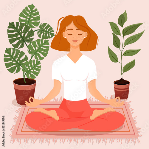 Young red haired girl with bob hairstyle sitting in lotus pose at home surrounded by plants. Vector illustration of a room with of the woman doing yoga, meditation, healthy lifestyle. Crossed legs.