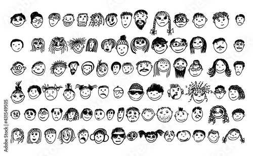 People's faces set. Drawing line. Vector illustration