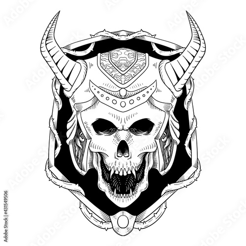 hand drawn skeleton with viking helmet line art style