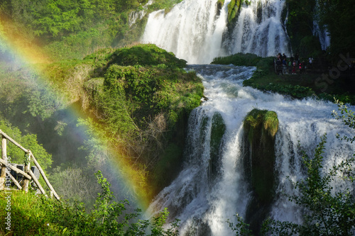 Marmore waterfall on a sunny day with rainbow, Nera river park, Valnerina, Terni, Umbria, Italy
