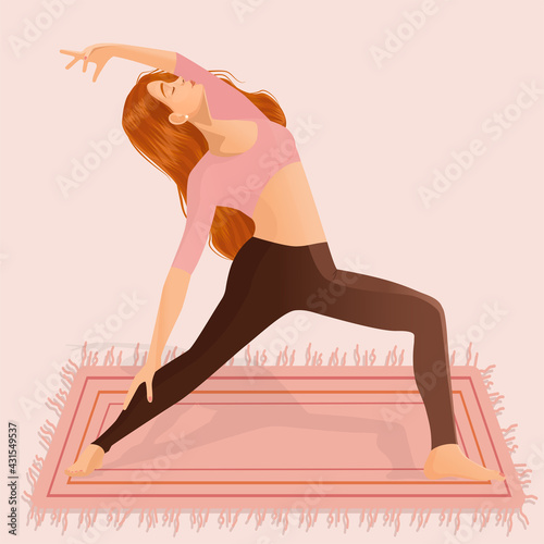 Young red haired girl practices yoga, meditation, dancing, sports, healthy lifestyle at home. Vector illustration of a woman dancer isolated on a pink background.