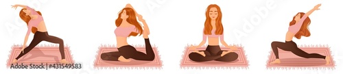 Set of vector illustrations of womens workout. A young red-haired girl is engaged in yoga, dance, aerobics, fitness. Collection of female movements and poses on a white background.