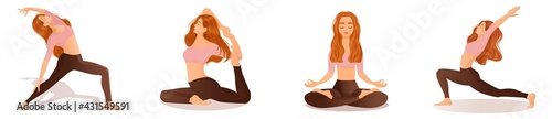 Set of vector illustrations of womens workout. A young red-haired girl is engaged in yoga, dance, aerobics, fitness. Collection of female movements and poses on a white background.