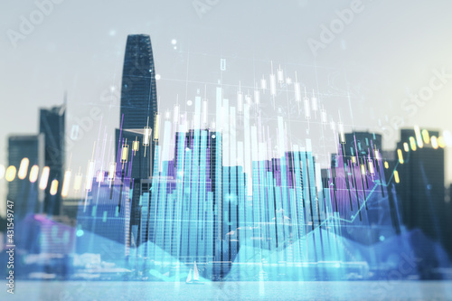 Double exposure of abstract creative financial chart hologram on San Francisco skyscrapers background  research and strategy concept