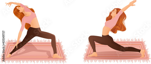 Set of vector illustrations of womens workout. A young red haired girl is engaged in yoga, dance, aerobics, fitness. Collection of female movements and poses on a white background.