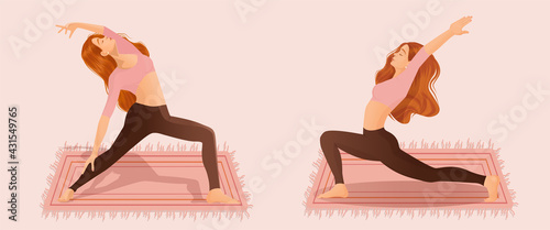 Set of vector illustrations of womens workout. A young red haired girl is engaged in yoga, dance, aerobics, fitness. Collection of female movements and poses on a pink background.