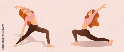 Set of vector illustrations of womens workout. A young red haired girl is engaged in yoga, dance, aerobics, fitness. Collection of female movements and poses on a pink background.