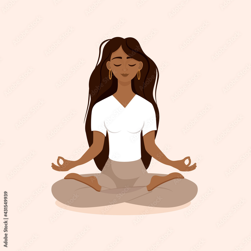 Young brunette girl sitting in lotus pose at home. Vector illustration isolated on pink background of the African American woman doing yoga, meditation, healthy lifestyle. Crossed legs.