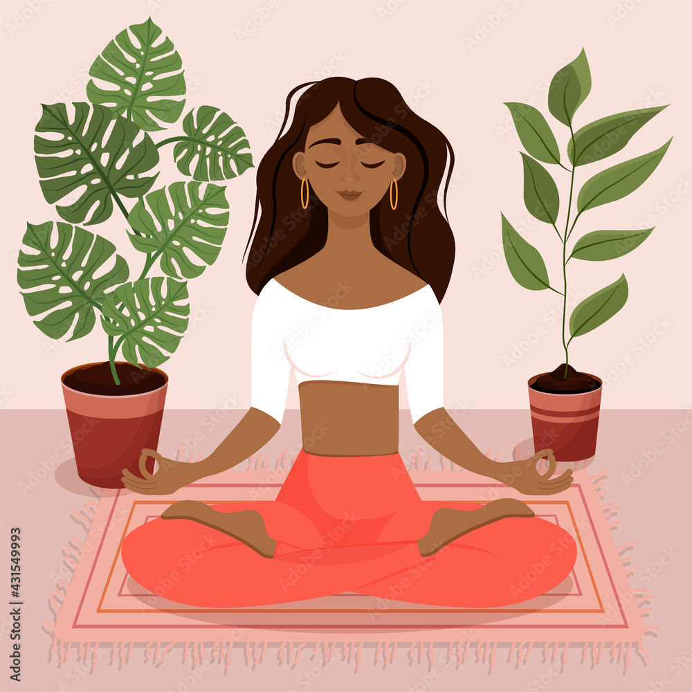 Young brunette girl sitting in lotus pose at home surrounded by plants. Vector illustration of a room with of the African American woman doing yoga, meditation, healthy lifestyle. Crossed legs. Young brunette girl sitting in lotus pose at home surrounded by plants. Vector illustration of a room with of the African American woman doing yoga, meditation, healthy lifestyle. Crossed legs.