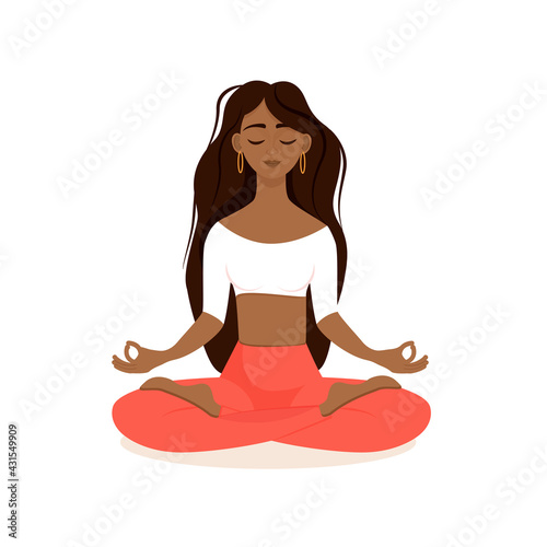 Young brunette girl sitting in lotus pose at home. Vector illustration isolated on white background of the African American woman doing yoga, meditation, healthy lifestyle. Crossed legs.