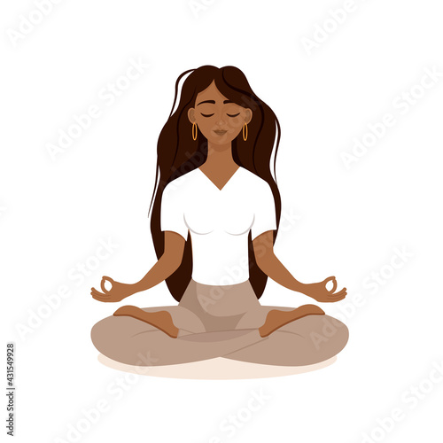 Young brunette girl sitting in lotus pose at home. Vector illustration isolated on white background of the African American woman doing yoga, meditation, healthy lifestyle. Crossed legs.