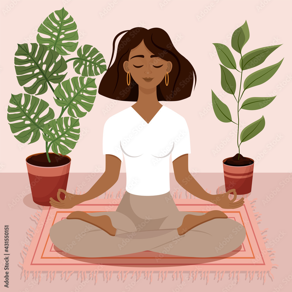 Young brunette girl with bob hairstyle sitting in lotus pose at home surrounded by plants. Vector illustration of a room with of the African American woman doing yoga, meditation, healthy lifestyle. Young brunette girl with bob hairstyle sitting in lotus pose at home surrounded by plants. Vector illustration of a room with of the African American woman doing yoga, meditation, healthy lifestyle.