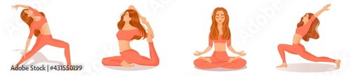Set of vector illustrations of womens workout. A young red haired girl is engaged in yoga, dance, aerobics, fitness. Collection of female movements and poses on a white background.