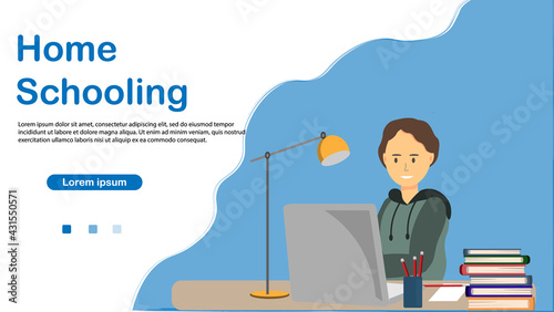A boy at the laptop sitting at the table, home schooling concept, flat vector illustration