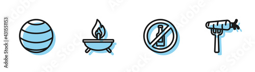 Set line No alcohol, Fitness ball, Aroma candle and Carrot on fork icon. Vector