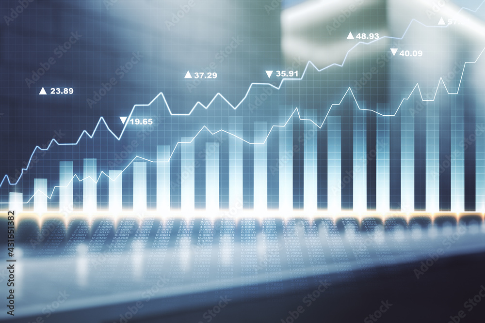 Multi exposure of abstract virtual financial graph hologram on blurry modern office building background, forex and investment concept Multi exposure of abstract virtual financial graph hologram on blurry modern office building background, forex and investment concept