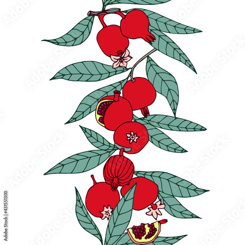 vertical seamless pattern, red pomegranates with leaves, decorative ornament for frame and border, vector illustration with contour lines isolated on a white background in doodle and hand drawn style