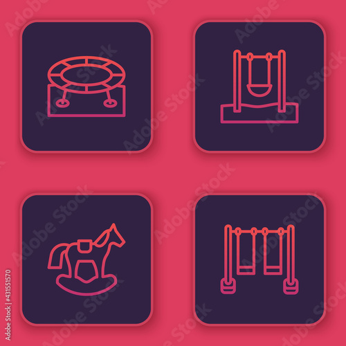 Set line Jumping trampoline, Horse saddle swing, Swing and Double. Blue square button. Vector