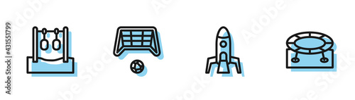 Set line Rocket ship, Gymnastic rings, Soccer goal with ball and Jumping trampoline icon. Vector