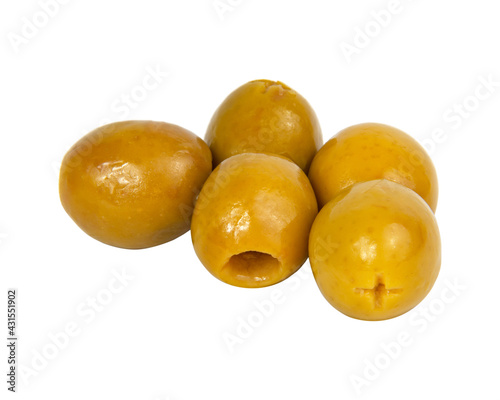 Many green olives pitted isolated on the white background