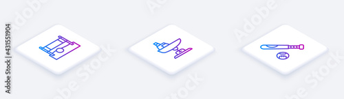 Set Isometric line Volleyball net with ball, Swing boat and Baseball bat. White square button. Vector
