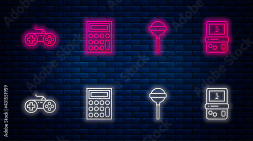 Set line Calculator, Lollipop, Gamepad and Tetris. Glowing neon icon on brick wall. Vector