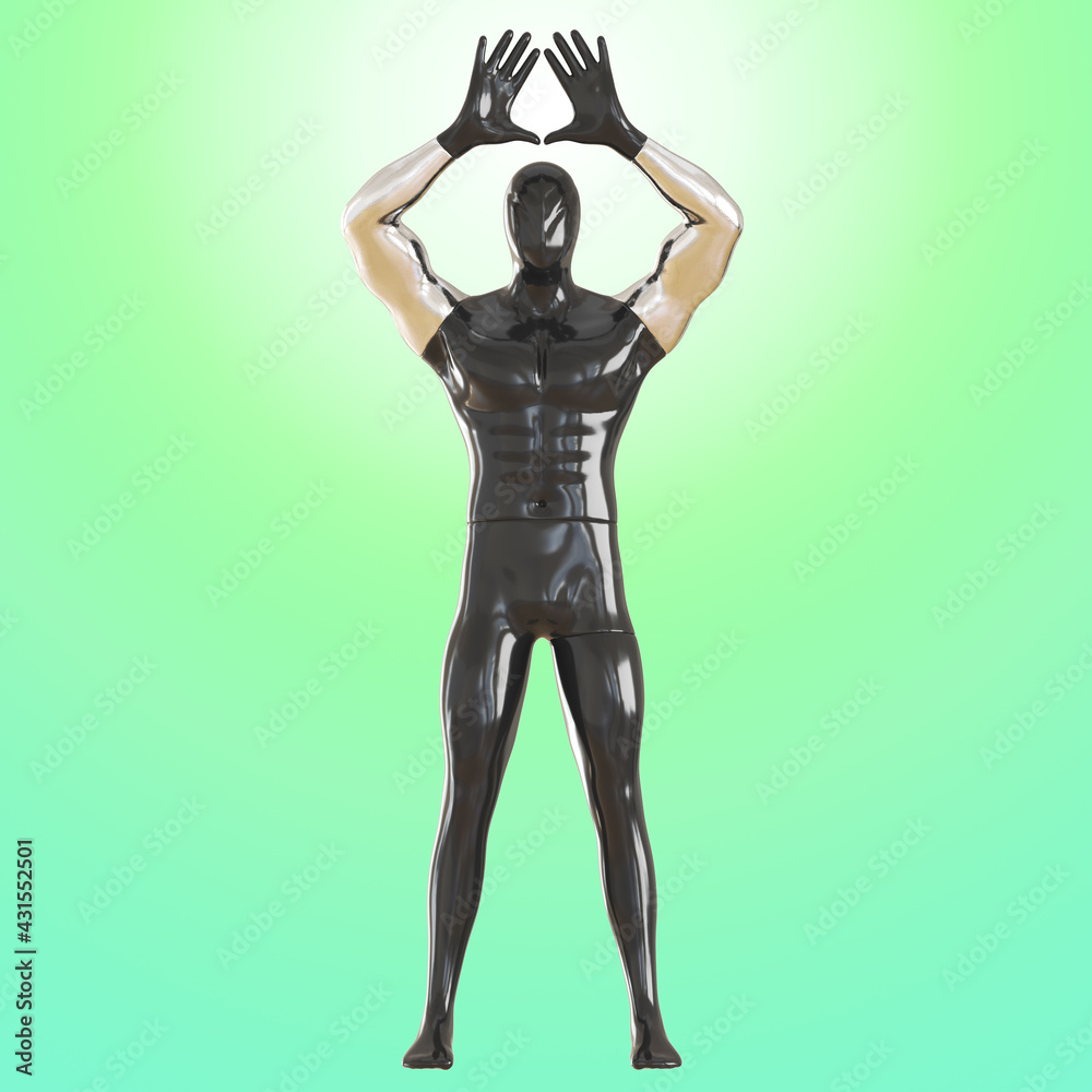 Black male mannequin with silvery hands and black palms on a turquoise background. 3d rendering Black male mannequin with silvery hands and black palms on a turquoise background. 3d rendering
