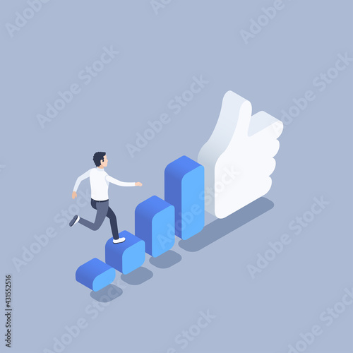 isometric vector illustration on gray background, increase popularity on social networks, guy in white shirt runs up the stairs to a big like
