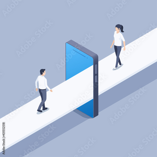isometric vector illustration on gray background, online meeting, man and woman go to each other on the bridge via smartphone