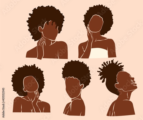 Set of Abstract African girls silhouette. Different types of hair and poses. Templates for social media, salon, brochures, posters