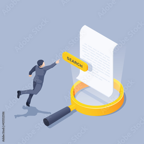 isometric vector illustration on gray background, search for document, man in business suit reaches for yellow button with inscription search and magnifier with text document