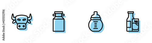 Set line Baby milk in a bottle, Cow head, Can container for and Bottle and glass icon. Vector