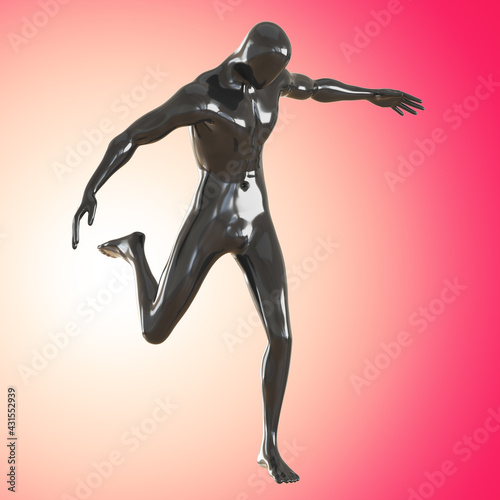 Black male glossy mannequin in the pose of a playing football player against a pink backlit background. 3d rendering