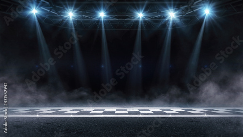Racing finish line on asphalt ground with blue shining spotlights above the mist. Digital sport 3D illustration.