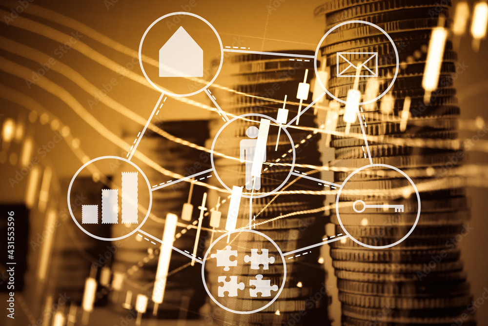 Fototapeta premium Charts of stock market instruments with various type of indicators and volume analysis for professional technical analysis on the monitor of a computer. Fundamental and technical analysis concept.