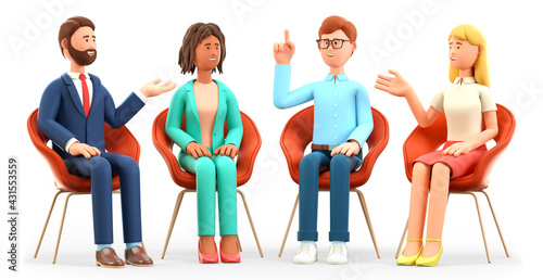 3D illustration of business team meeting, talking and gesticulating in an excited manner. Multicultural people characters sitting in chairs and discussing. Group therapy, support session.