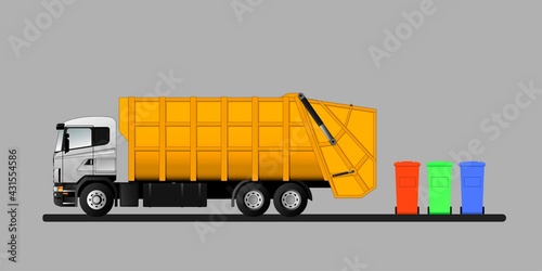 Garbage truck and municipal garbage cans. Waste sorting and recycling.
