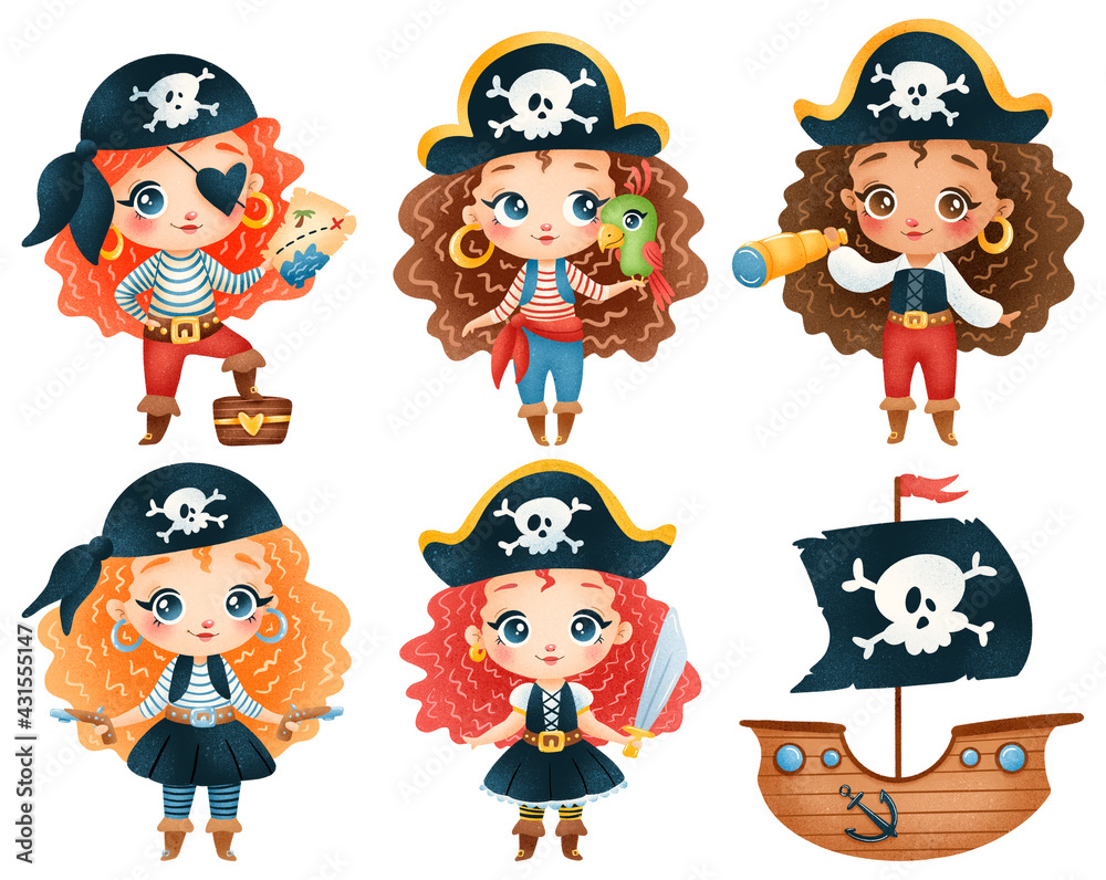 Cute cartoon pirate girls set. Pirate ship isolated on white background Stock Illustration | Adobe Stock Cute cartoon pirate girls set. Pirate ship isolated on white background Stock Illustration | Adobe Stock