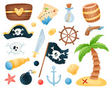 Cute cartoon pirate set isolated on white background. Treasure chest, map, treasure, hat, flag, steering wheel, anchor, bomb, palm tree, spyglass, saber, pistol, barrel
