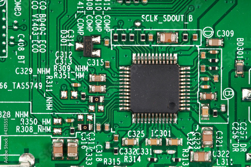 Electronic board with radio parts and chip processor from electronic device. Top view.