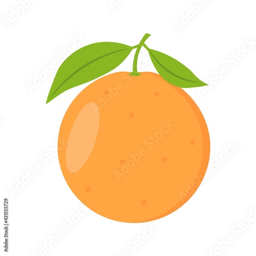 Orange with leaves. Whole fresh orange on a white isolated background. Flat vector illustration.