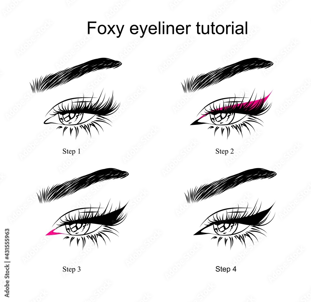 Vetor de Step by step foxy eyeliner tutorial isolated on white background.  Template for salon, social media, packaging do Stock | Adobe Stock