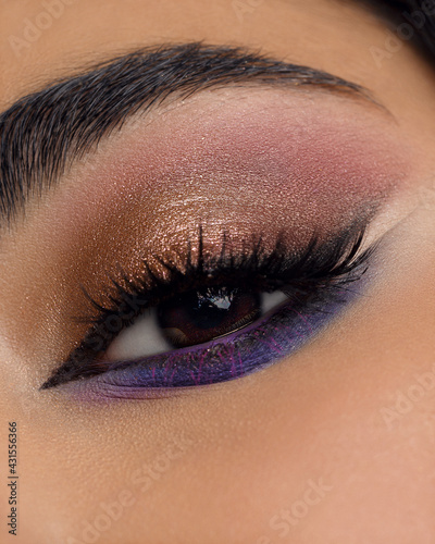 Beautiful macro shot of female eye make-up in smoky eyes style and arrow. Brown eye. Creative make-up. Perfect shape make-up and long lashes. Cosmetics. Beautiful eyes make-up. Close-up