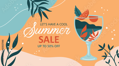 Summer background template for social media, banner or poster design. Tropical beach landscape with palm trees in cocktail glass creative concept.